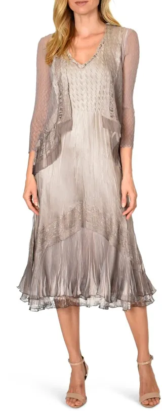 Beaded Charmeuse & Chiffon Tiered Dress with Jacket