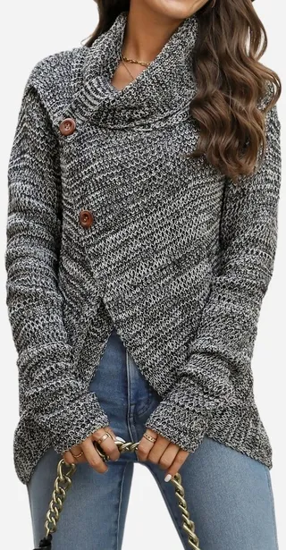 Women's Buttoned Turtleneck Wrap Sweater - Cupshe-S-Gray