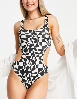 Monki side cut out swimsuit in black and white graphic print
