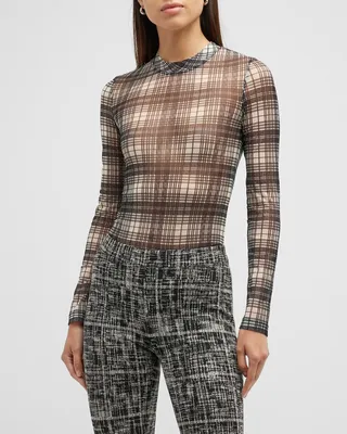 Plaid-Print Long-Sleeve Mesh T-Shirt