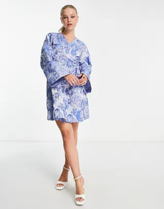 Pieces Premium kimono sleeve wrap mini dress in blue jacquard