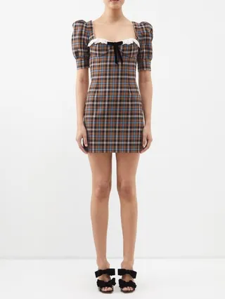 Sweetheart-neck Checked Wool Mini Dress