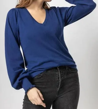 Puff Sleeve V Neck Sweater in Nautilus