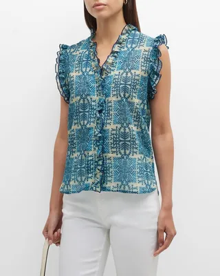 Byrdee Geo-Print Ruffle Sleeveless Top