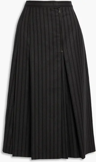 Pleated striped wool-twill midi skirt