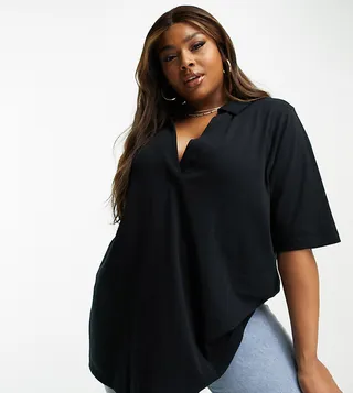 ASOS DESIGN Curve relaxed polo shirt with deep v in black
