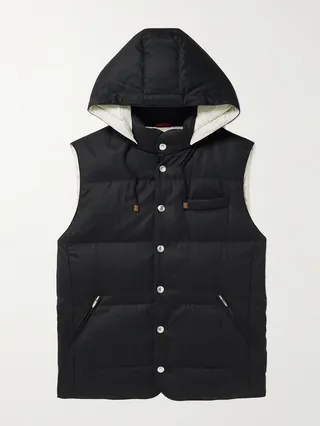 Quilted Wool-Flannel Hooded Down Gilet