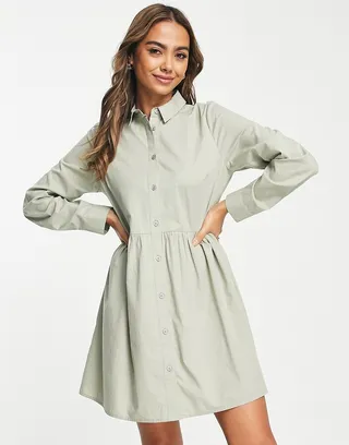 ASOS DESIGN cotton mini smock shirt dress in khaki