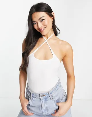 ASOS DESIGN square neck cross strap bodysuit in white