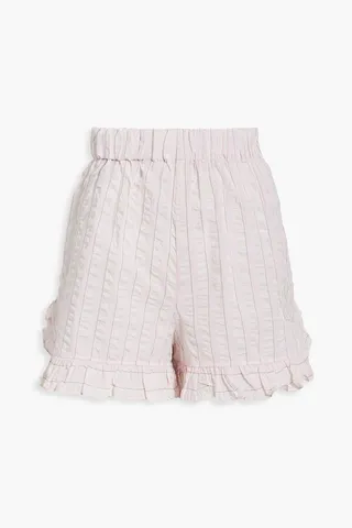 Cherry Blossom ruffled striped organic cotton-seersucker pajama shorts