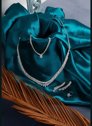 Silver Plated Designer Stone Necklace, Earrings, Bracelet and Ring Set
