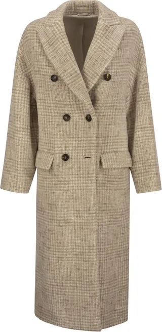 Prince Of Wales Cloth Coat In Alpaca And Wool With Jewellery Brunello Cucinelli