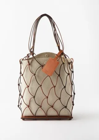 Fishnet Leather-trim Canvas Tote Bag