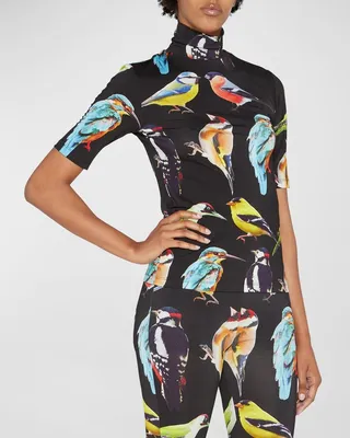 Bird-Print Turtleneck Jersey Top