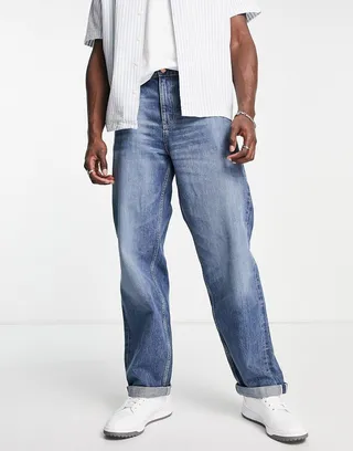 ASOS DESIGN baggy jeans in selvage denim in mid wash