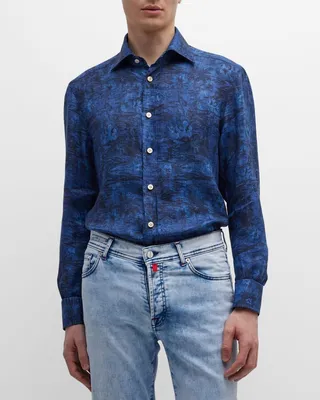 Men's Floral-Print Linen Sport Shirt