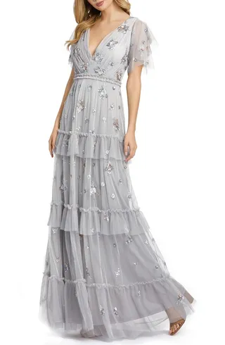 Sequin Tiered Flutter Sleeve Gown
