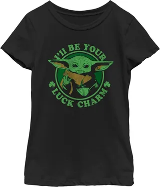 Girl's Star Wars: The Mandalorian St. Patrick's Day Grogu I'll be your Lucky Charm T-Shirt - Black - Small