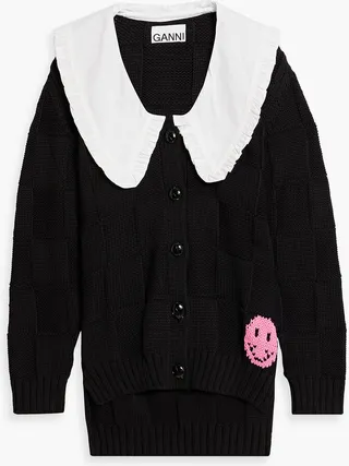 Poplin-paneled intarsia cotton-blend cardigan
