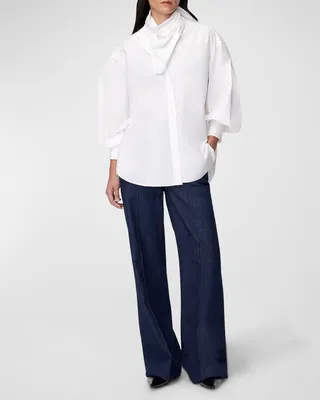Detachable-Bandana Cotton Button-Down Blouse