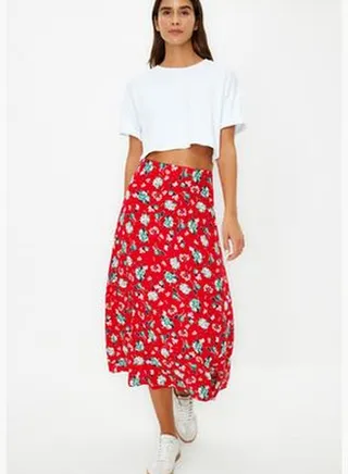 Red Floral Pattern Viscose Fabric Midi Woven Skirt