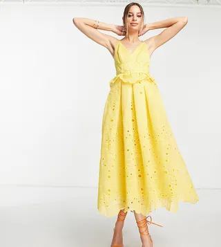 ASOS DESIGN Tall strappy midi dress with floral broderie and lace insert detail in yellow