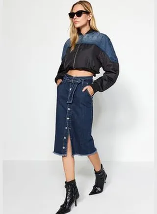 Dark Blue Buttoned Belt Denim Skirt TWOAW24ET00330
