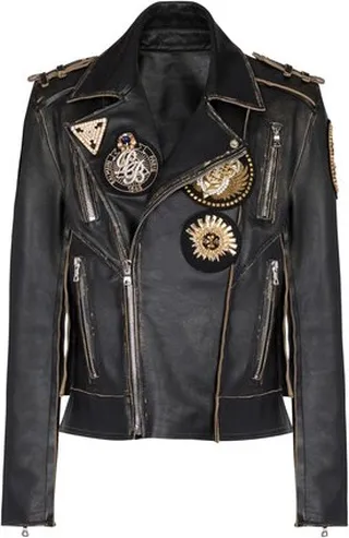Leather biker jacket with embroidered badges