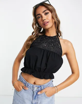 Miss Selfridge Cornelli trim halter top in black