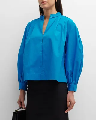 Shoulder-Tuck Blouson-Sleeve Blouse