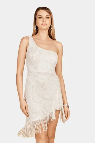 One Shoulder Cocktail Dress With Fringes