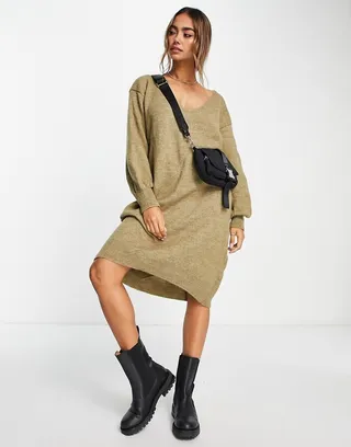Y.A.S Emmy deep v-neck knit dress in taupe