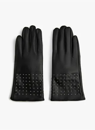 Faux Leather Gloves Stamp Detail Plush Lined