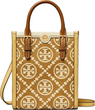 Mini T Monogram Embroidered Raffia Tote