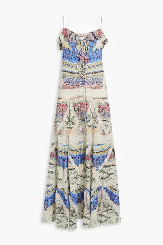 Crocheted lace-trimmed printed silk-georgette maxi dress