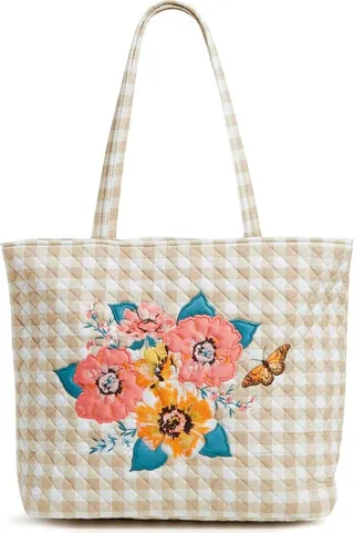Vera Bradley Women's Recycled Cotton Vera Tote Bag Peach Blossom Picnic