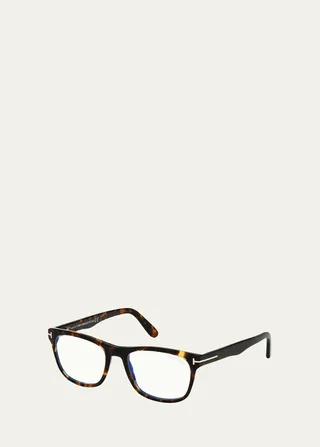 Men's Blue Block 54mm Square Havana Acetate Optical Glasses