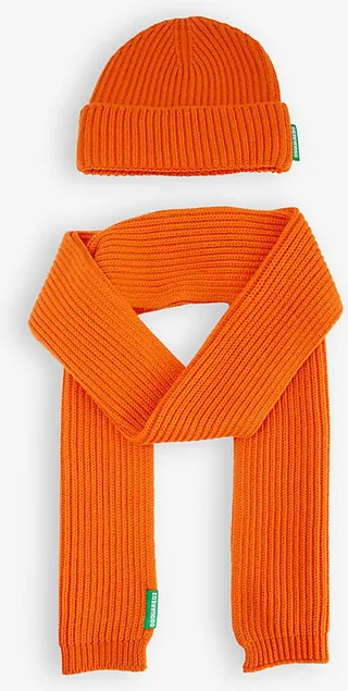 Mens Orange Ribbed-knit Wool Beanie and Scarf set