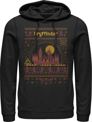 Men's Harry Potter Gryffindor Ugly Sweater Burgundy Pull Over Hoodie - Black - Large