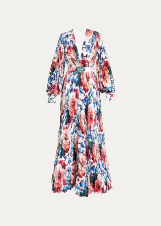 Floral-Print Plisse Belted Gown