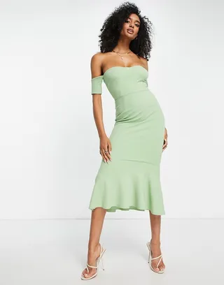 True Violet bardot fishtail midi dress in sage green