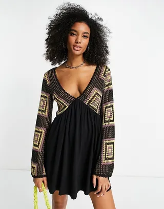 ASOS DESIGN flare sleeve crochet mini dress in black
