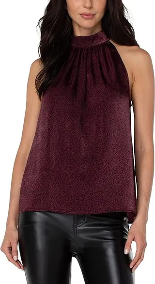 Liverpool Sleeveless Mock Neck Halter Top (Mini Leopard Plum Print) Women's Clothing