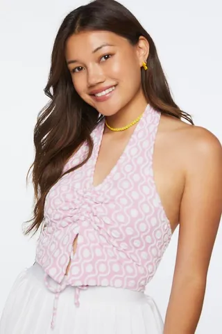 Geo Print Ruched Halter Crop Top