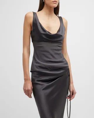 Chiffon-Torso Cowl-Neck Silk Tank Top