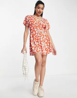 ASOS DESIGN waisted mini tea dress with buttons in red floral