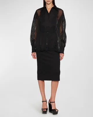 Lace-Trim Bib-Front Collared Chiffon Shirt