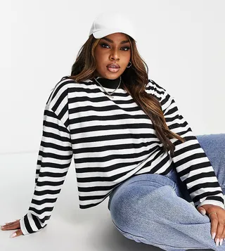 ASOS DESIGN Curve high neck boxy long sleeve top in mono stripe