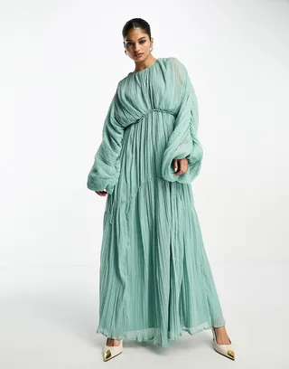 ASOS DESIGN micro pleated batwing trapeze maxi dress in sage
