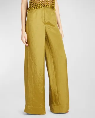 High-Rise Wide-Leg Linen-Blend Trousers